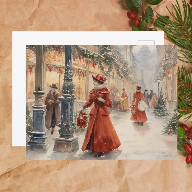 Watercolor Victorian Era Ladies in Red Holiday Postcard (Creator Uploaded)