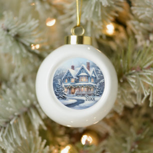 watercolor Victorian Winter house add year Ceramic Ball Christmas Ornament