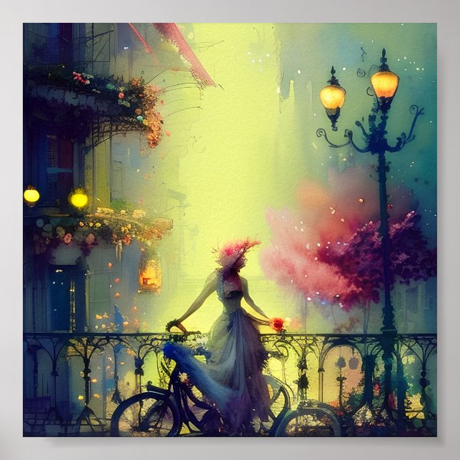 Watercolor victorian woman and bicycle poster (Front)