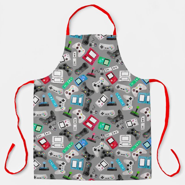 Watercolor Video Game Controllers Gaming Pattern Apron (Front)