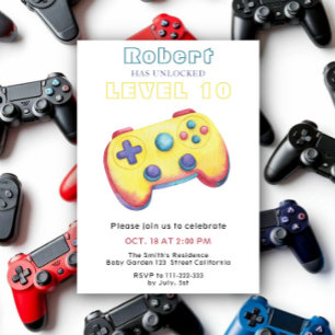 Watercolor Video Game Kids Birthday Invitation