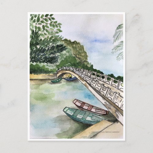 Watercolor Vietnam Ninh Binh Province landscape  Postcard