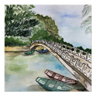 Watercolor, Vietnam, Ninh Binh Province landscape Poster