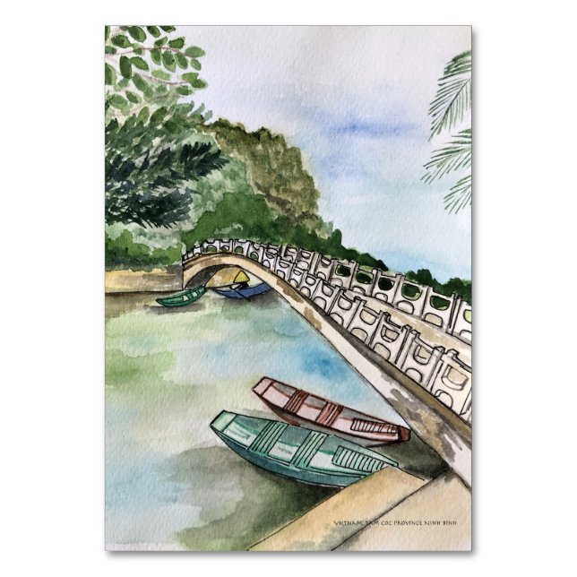 Watercolor, Vietnam, Ninh Binh Province landscape  Table Number (Front)
