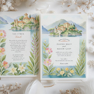 Watercolor Villa del Balbianello Lake Como Wedding Invitation