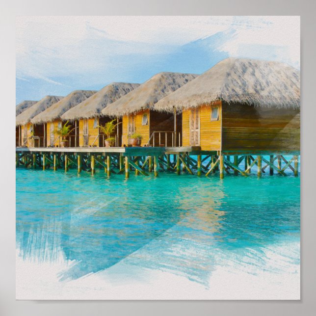  Watercolor Villa in Maldives Island Painting Poster (Front)