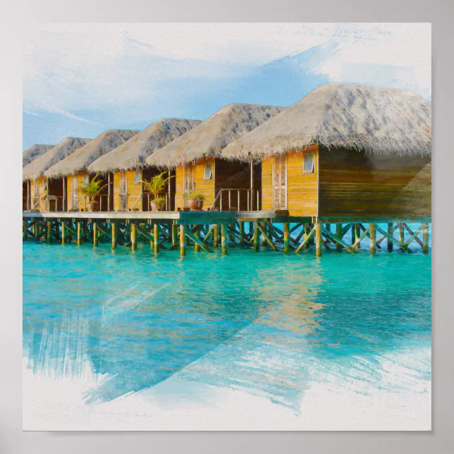 Watercolor Villa in Maldives Island Painting Poster | Zazzle