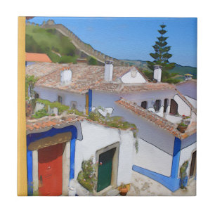Watercolor village ceramic tile