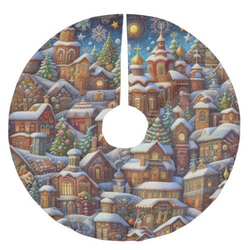 Watercolor Village Christmas Motifs Holiday Brushed Polyester Tree Skirt