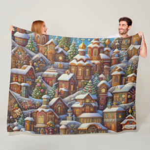 Watercolor Village Christmas Motifs Holiday Fleece Blanket