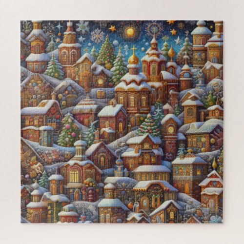Watercolor Village Christmas Motifs Holiday Jigsaw Puzzle