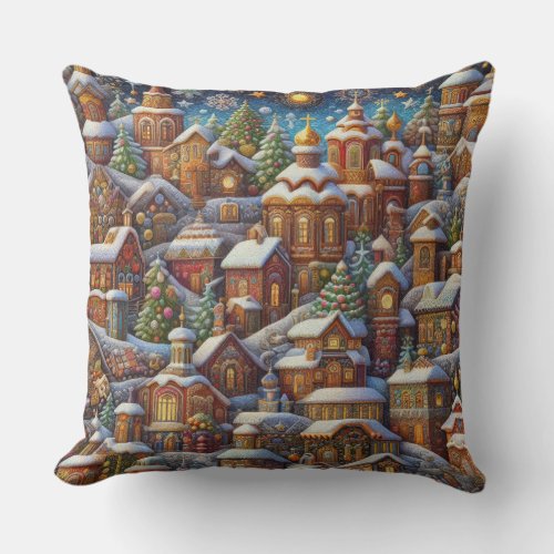 Watercolor Village Christmas Motifs Holiday Throw Pillow