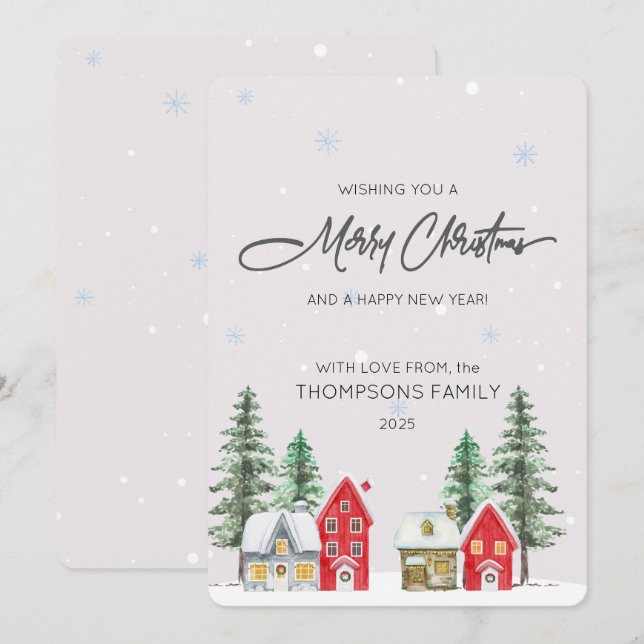 Watercolor Village Holiday Christmas Card (Front/Back)