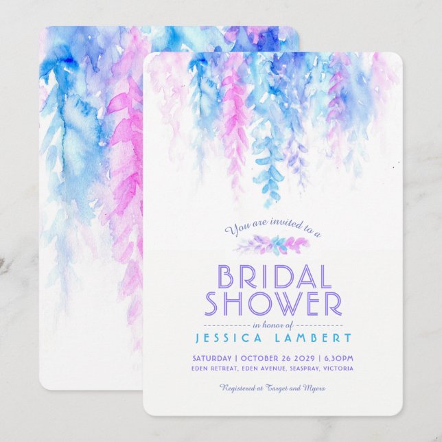 Watercolor vine blue purple bridal shower invites (Front/Back)