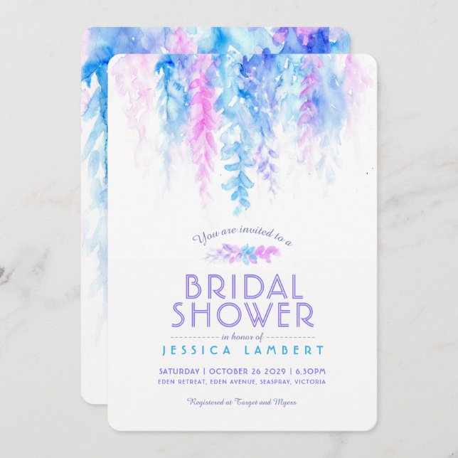 Watercolor vine blue purple bridal shower invites (Front/Back)