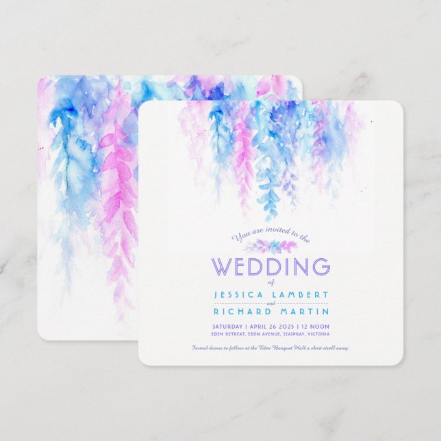 Watercolor vine blue purple square wedding invites (Front/Back)