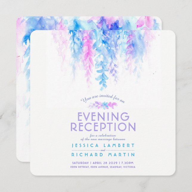 Watercolor vine blue square evening reception invitation (Front/Back)