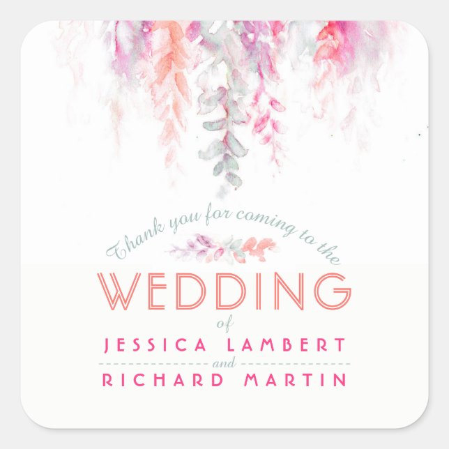Watercolor vine coral pink wedding stickers (Front)