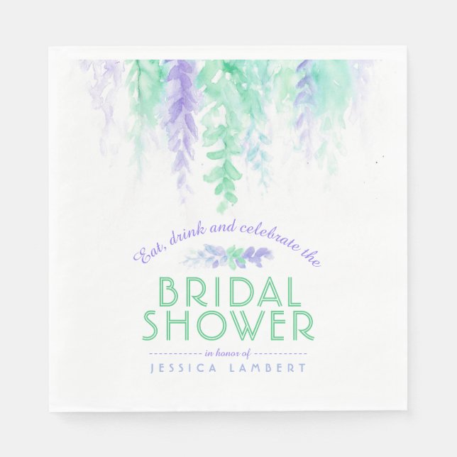 Watercolor vine floral purple green bridal shower napkins (Front)