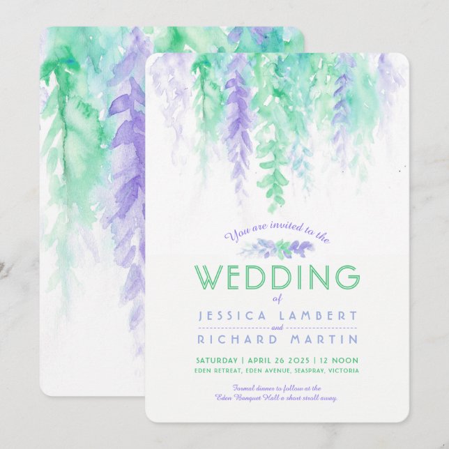 Watercolor vine green purple wedding invitations (Front/Back)
