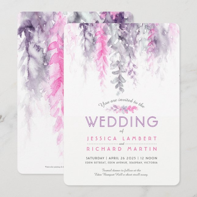 Watercolor vine pink purple gray wedding invitation (Front/Back)