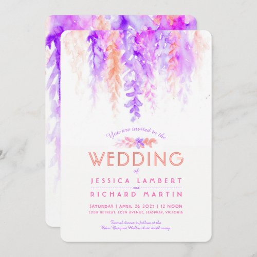 Watercolor vine purple orange wedding invitations