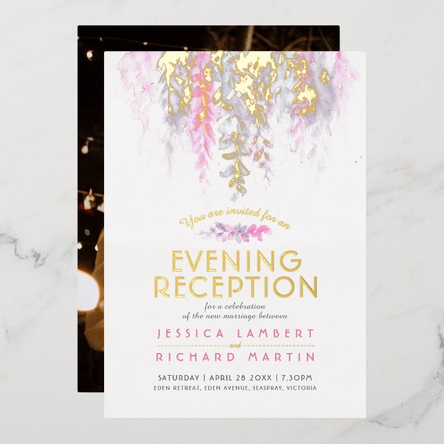 Watercolor vine purple pink evening reception foil invitation (Front/Back)