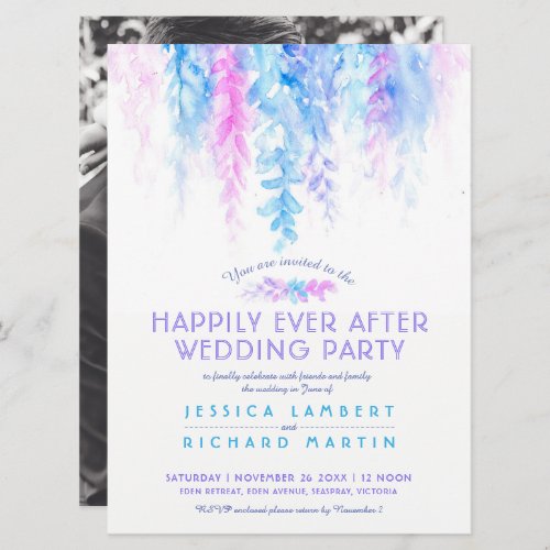 Watercolor vines blue pink after wedding party invitation