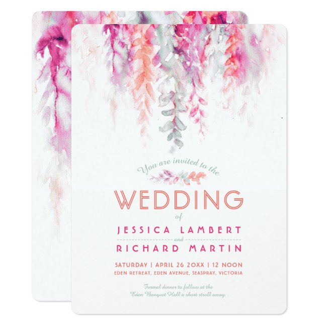 Watercolor vines coral green pink red wedding invitation