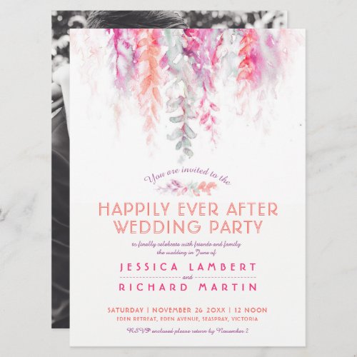 Watercolor vines coral photo after wedding party invitation