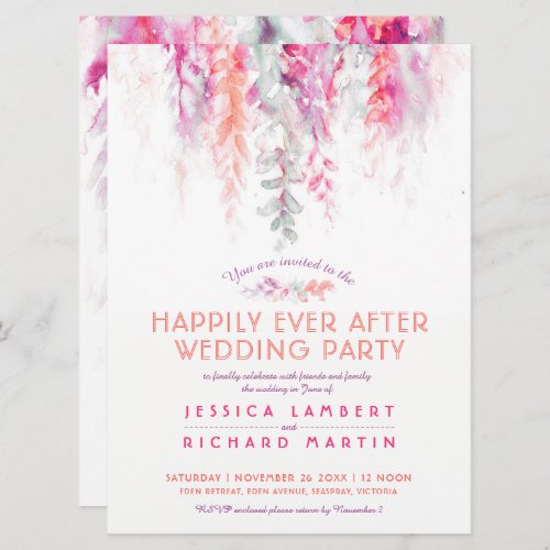Watercolor vines coral red after wedding party invitation