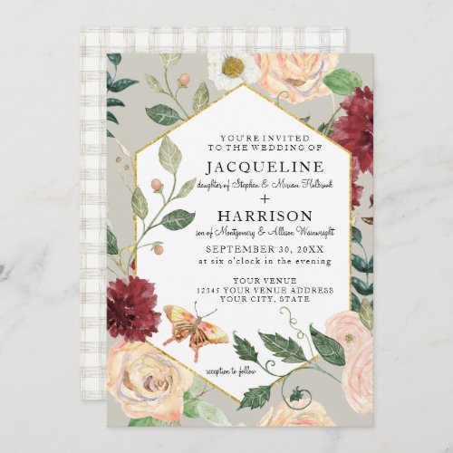 Watercolor Vines n Floral Coral Rose Butterfly Invitation