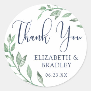 Watercolor Vines Navy Blue Script Thank You Seal
