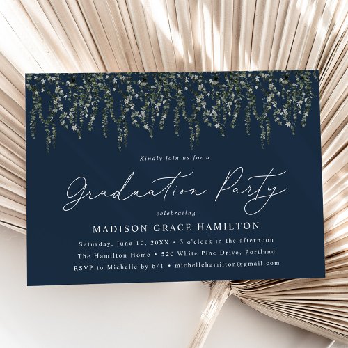 Watercolor Vines Navy Graduation Party Invitation