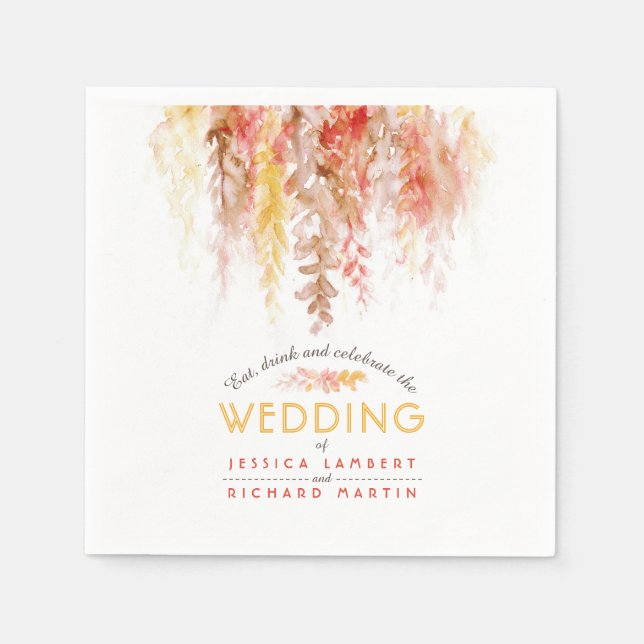 Watercolor vines orange red brown fall wedding napkins (Front)