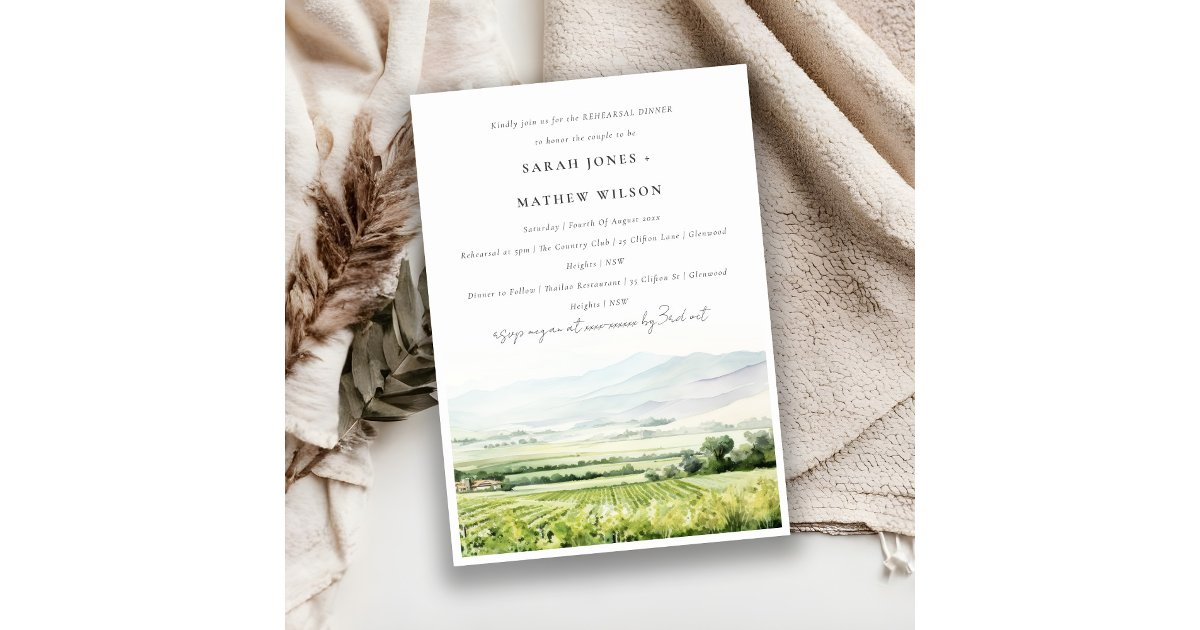 Watercolor Vineyard Landscape Rehearsal Dinner Invitation | Zazzle