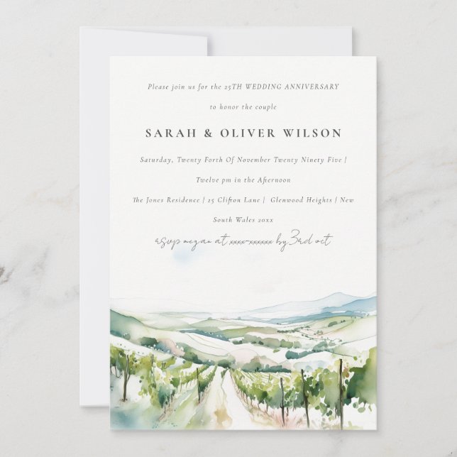 Watercolor Vineyard Landscape Wedding Anniversary Invitation (Front)