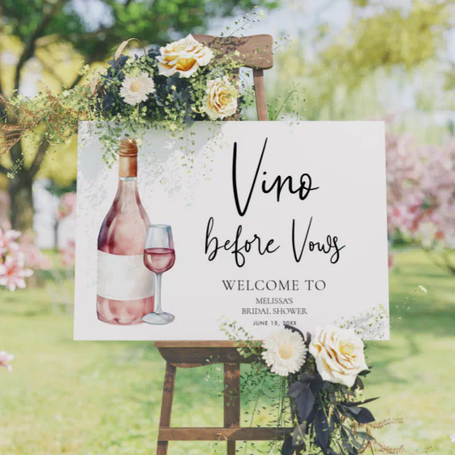 Watercolor Vino Before Vows Bridal Shower Welcome Poster | Zazzle