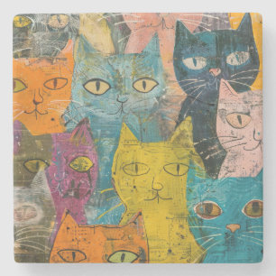 Watercolor Vintage Abstract Cat (12) Stone Coaster