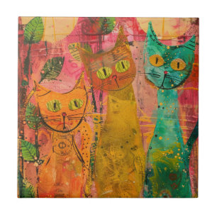 Watercolor Vintage Abstract Cat (2) Ceramic Tile