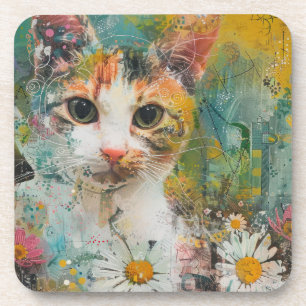 Watercolor Vintage Abstract Cat (3) Beverage Coaster
