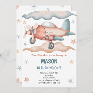 Watercolor Vintage Airplane Birthday Invitation