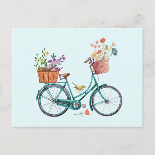 Watercolor Vintage Bicycle with Flower Baskets Postcard