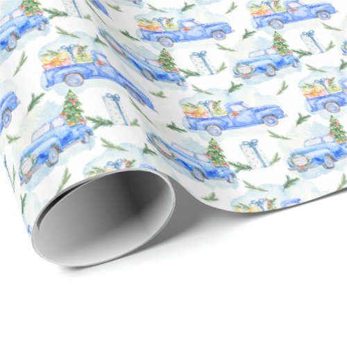 Watercolor Vintage Blue Cars with Christmas Trees Wrapping Paper