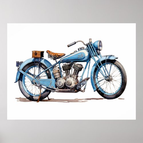 Watercolor Vintage Blue Classic Motorcycle Poster