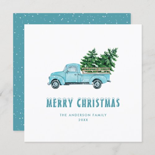 Watercolor Vintage Blue Truck Merry Christmas Card