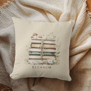 Watercolor Vintage Books and Wildflowers Throw Pillow