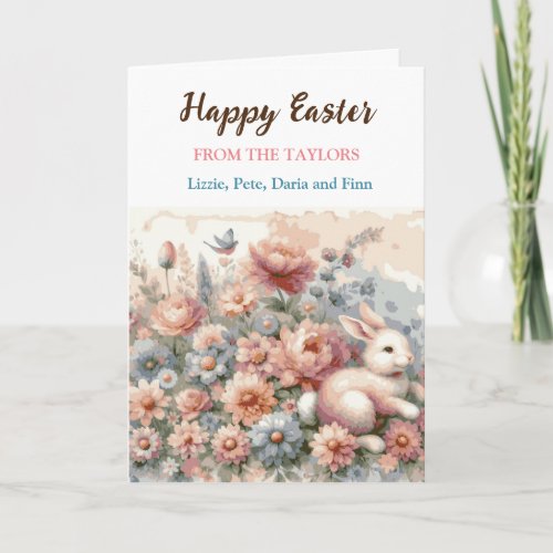 Watercolor Vintage Bunny and Flowers Easter Card