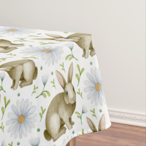 Watercolor Vintage Bunny  Daisy Flowers Easter Tablecloth