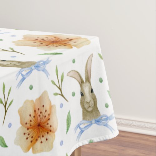 Watercolor Vintage Bunny  Spring Flowers Easter Tablecloth